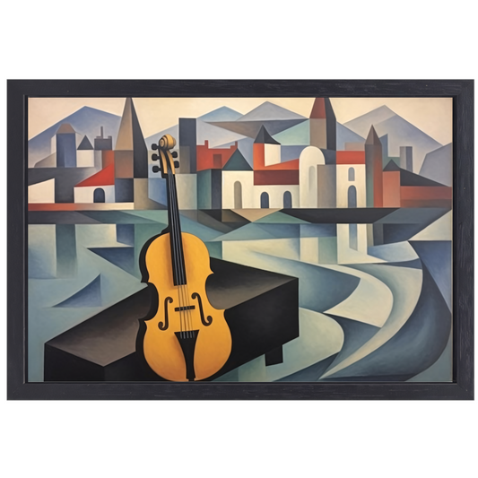Kubistische interpretatie van stad en muziek canvas met baklijst