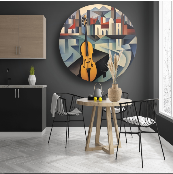 Kubistische interpretatie van stad en muziek aluminium muurcirkel