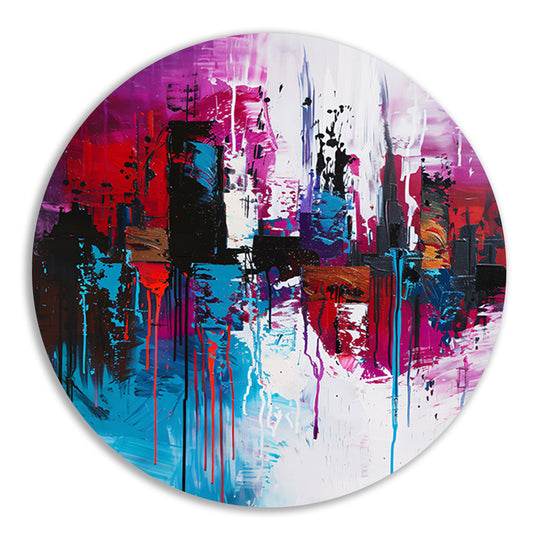 Dynamisch abstract stadsgezicht in felle kleuren aluminium muurcirkel