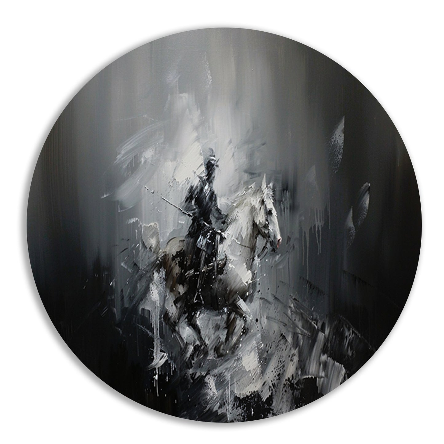 Abstract schilderij van ruiter op paard aluminium muurcirkel