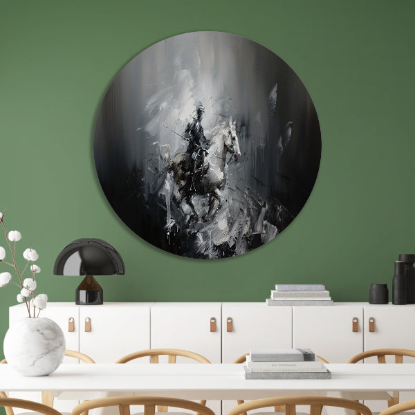 Abstract schilderij van ruiter op paard aluminium muurcirkel