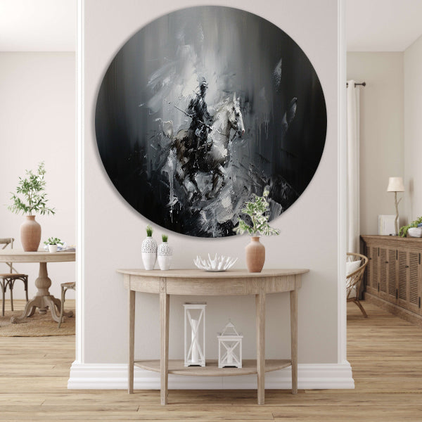 Abstract schilderij van ruiter op paard aluminium muurcirkel