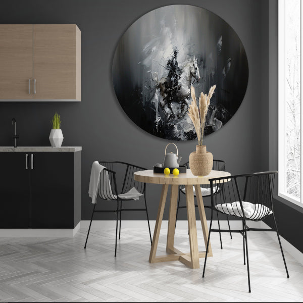 Abstract schilderij van ruiter op paard aluminium muurcirkel