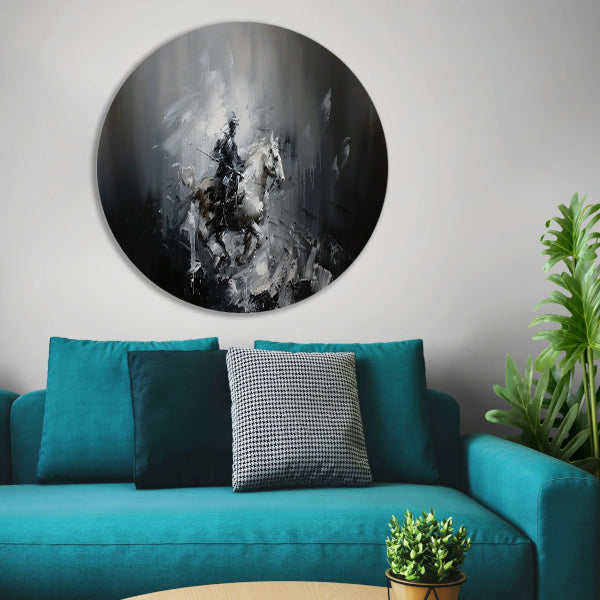 Abstract schilderij van ruiter op paard aluminium muurcirkel