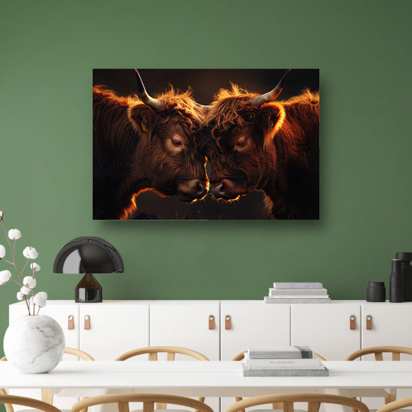 Twee Schotse Hooglanders bij zonsondergang canvas