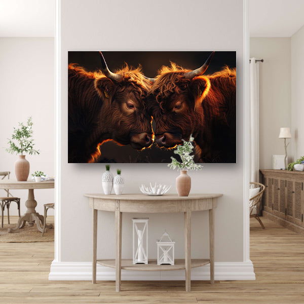 Twee Schotse Hooglanders bij zonsondergang canvas
