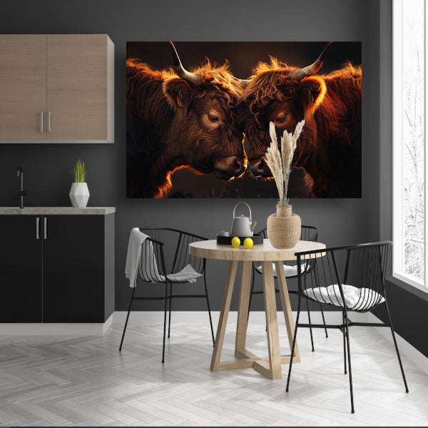 Twee Schotse Hooglanders bij zonsondergang canvas