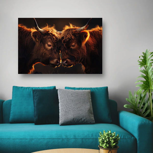 Twee Schotse Hooglanders bij zonsondergang canvas