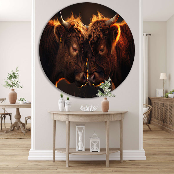 Twee Schotse Hooglanders bij zonsondergang aluminium muurcirkel