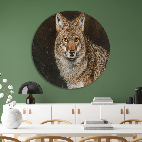 Gedetailleerd realistisch schilderij van een coyote forex muurcirkel