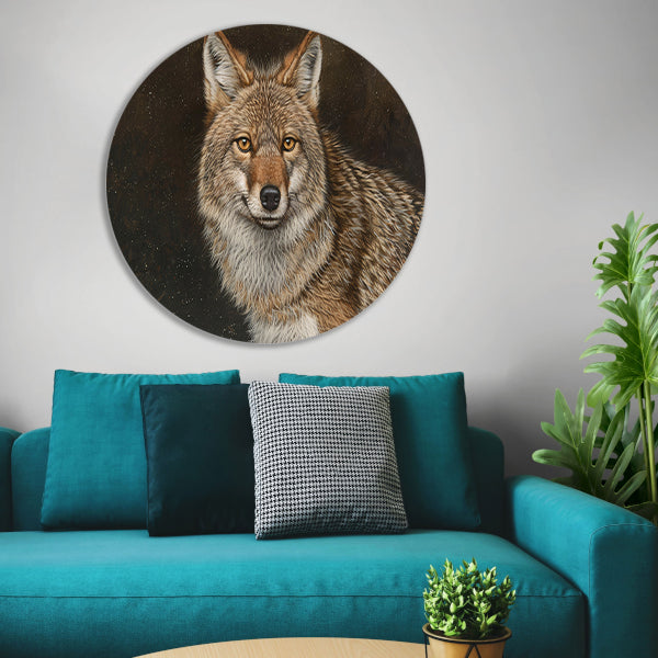 Gedetailleerd realistisch schilderij van een coyote forex muurcirkel