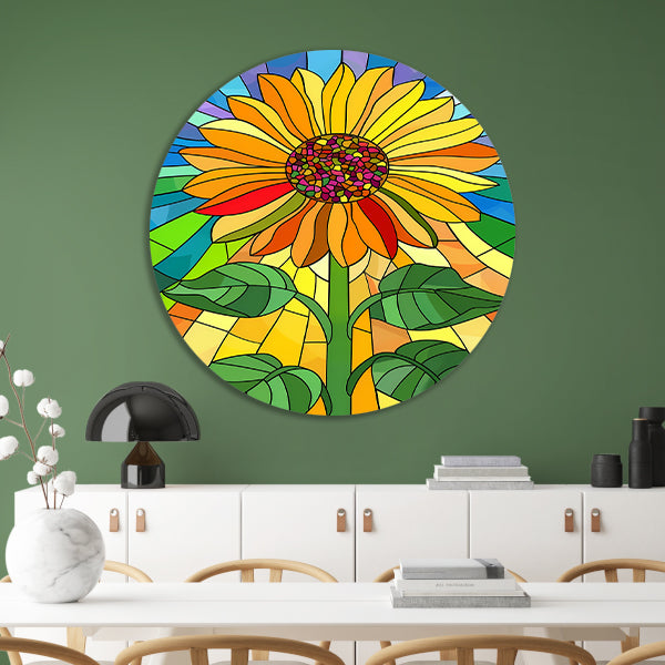 Kleurrijke zonnebloem in art nouveau stijl aluminium muurcirkel