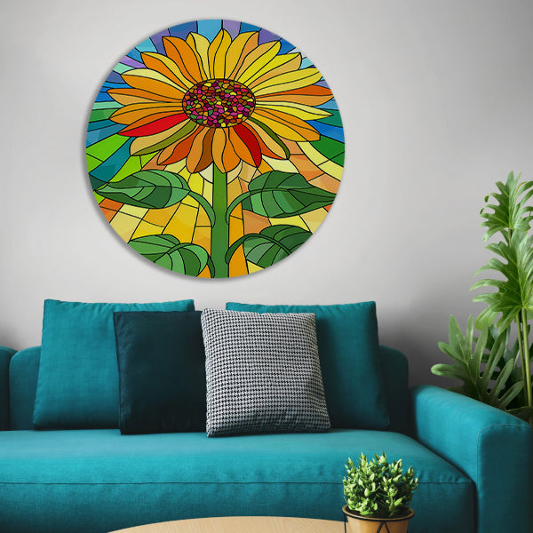 Kleurrijke zonnebloem in art nouveau stijl aluminium muurcirkel