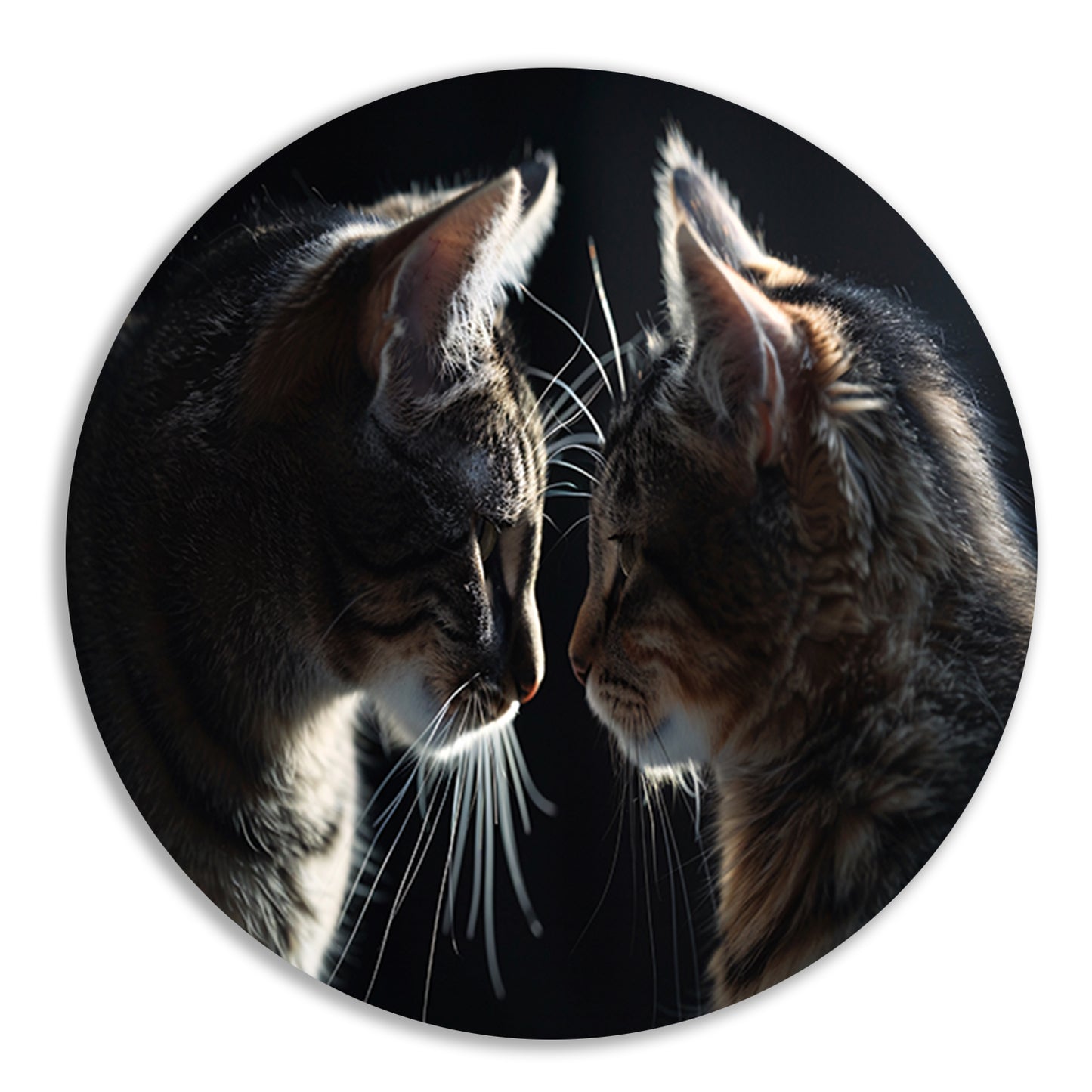 Twee katten in donkere omgeving kijken elkaar aan aluminium muurcirkel