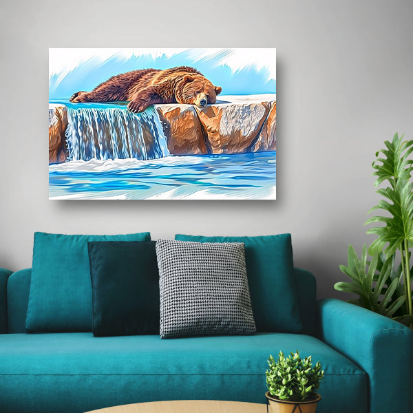 Beer rustend op waterval in natuur acrylglas