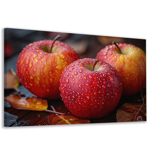 Drie Kleurrijke Appels met Dauwdruppels canvas