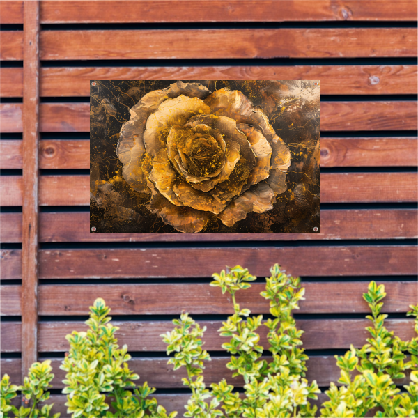 Gouden en Zwarte Abstracte Roos op Schilderij tuinposter