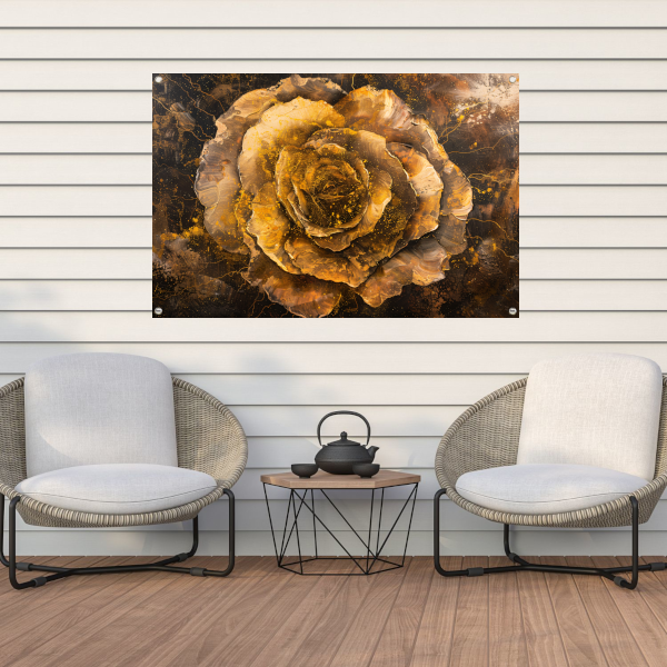 Gouden en Zwarte Abstracte Roos op Schilderij tuinposter