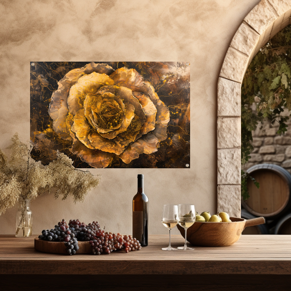Gouden en Zwarte Abstracte Roos op Schilderij tuinposter