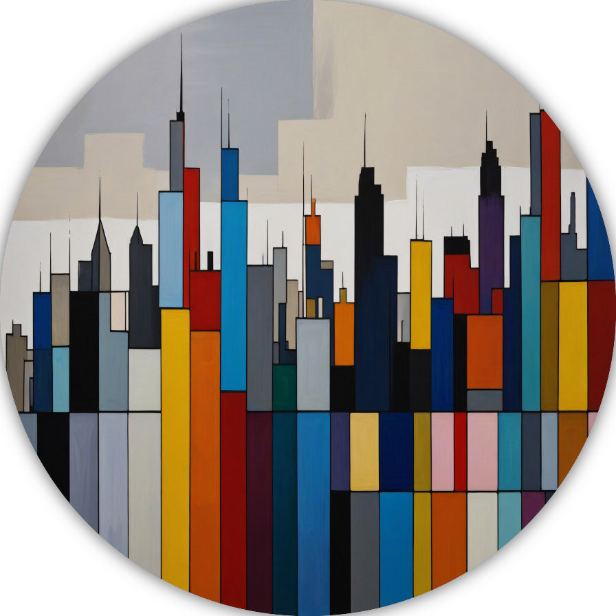 Abstracte kleurrijke stadsgezicht skyline aluminium muurcirkel
