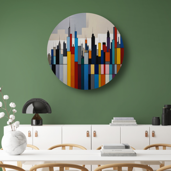 Abstracte kleurrijke stadsgezicht skyline aluminium muurcirkel