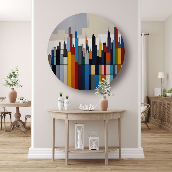 Abstracte kleurrijke stadsgezicht skyline aluminium muurcirkel