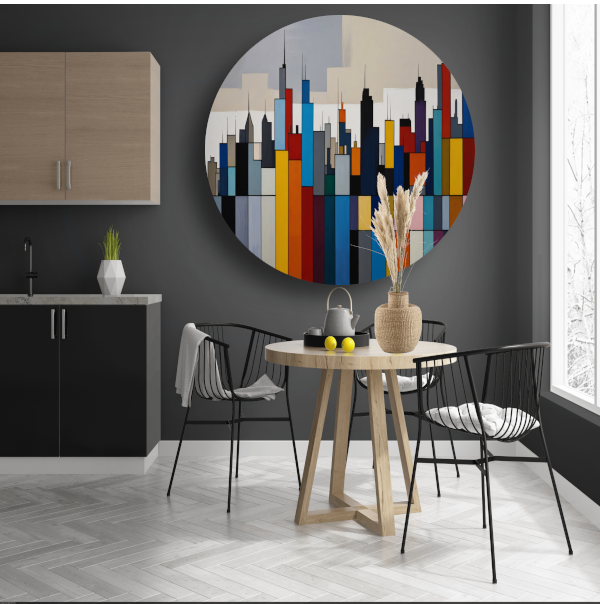 Abstracte kleurrijke stadsgezicht skyline aluminium muurcirkel