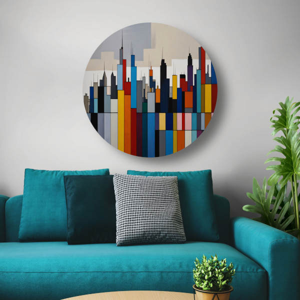 Abstracte kleurrijke stadsgezicht skyline aluminium muurcirkel