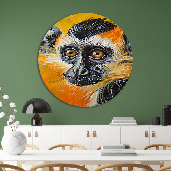 Realistisch schilderij van een kleurrijke aap aluminium muurcirkel