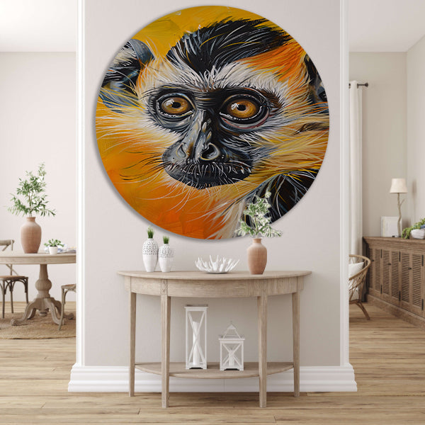 Realistisch schilderij van een kleurrijke aap aluminium muurcirkel