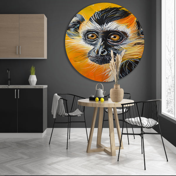 Realistisch schilderij van een kleurrijke aap aluminium muurcirkel