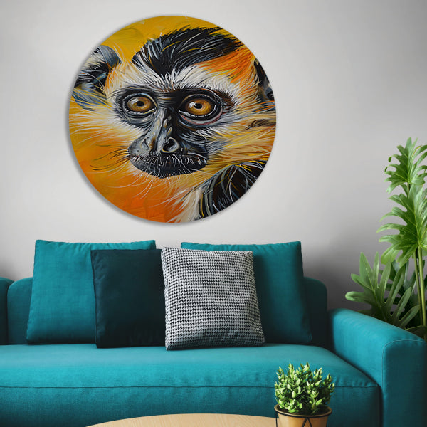 Realistisch schilderij van een kleurrijke aap aluminium muurcirkel