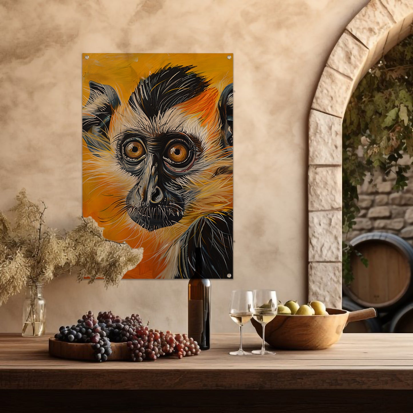 Realistisch schilderij van een kleurrijke aap tuinposter