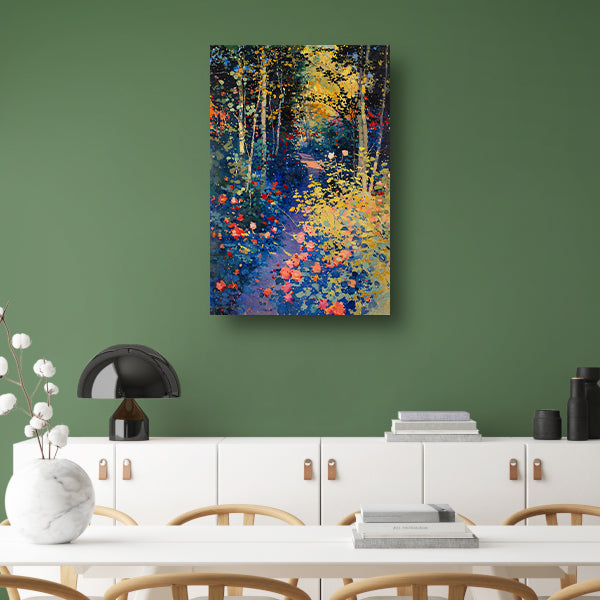 Kleurrijk schilderij van een bloemenrijk bos poster