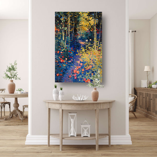 Kleurrijk schilderij van een bloemenrijk bos poster