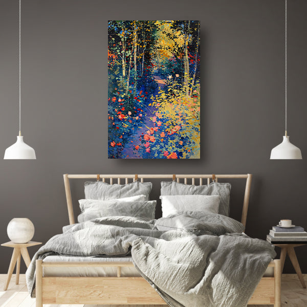 Kleurrijk schilderij van een bloemenrijk bos poster