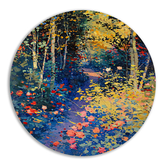 Kleurrijk schilderij van een bloemenrijk bos aluminium muurcirkel