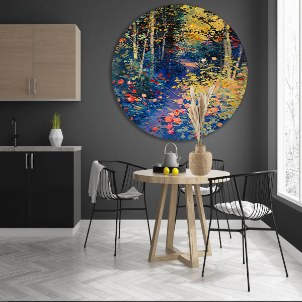 Kleurrijk schilderij van een bloemenrijk bos aluminium muurcirkel