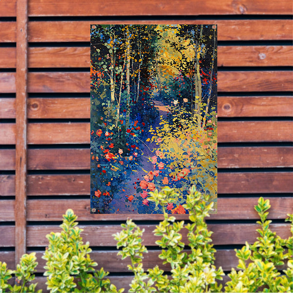 Kleurrijk schilderij van een bloemenrijk bos tuinposter