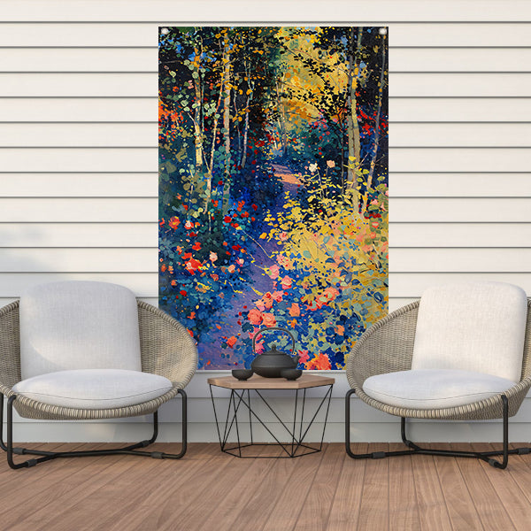 Kleurrijk schilderij van een bloemenrijk bos tuinposter