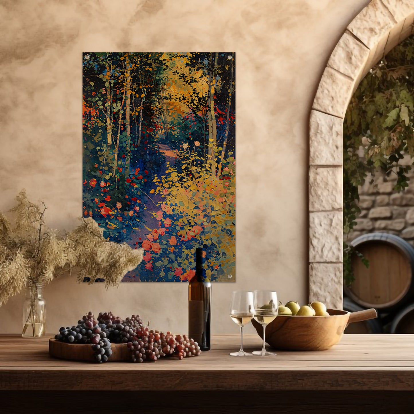 Kleurrijk schilderij van een bloemenrijk bos tuinposter