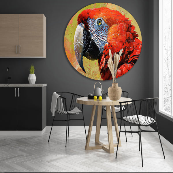 Kleurrijk schilderij van een levendige papegaai aluminium muurcirkel