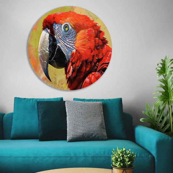 Kleurrijk schilderij van een levendige papegaai aluminium muurcirkel