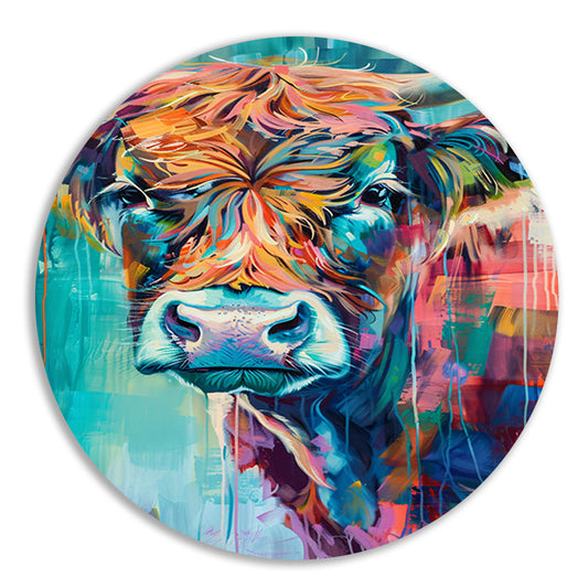 Abstracte Kleurrijke Hooglander met Dynamische Kleuren aluminium muurcirkel