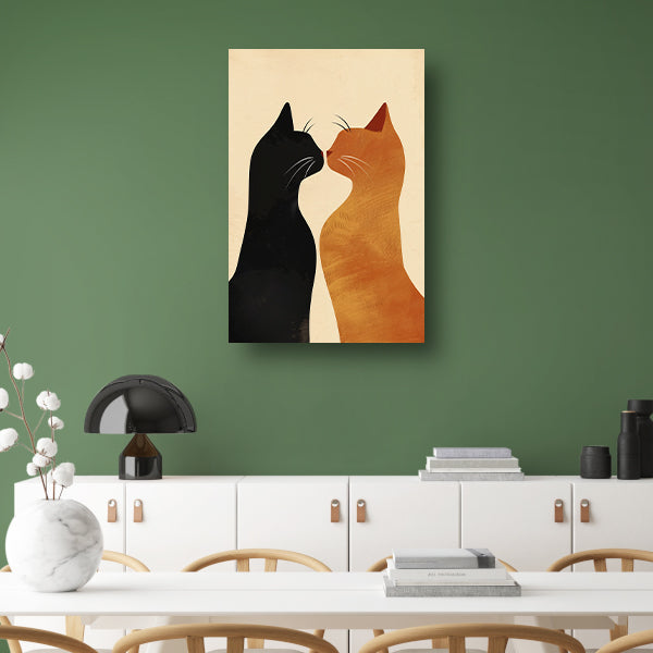Twee katten in liefdevolle pose met aardetinten canvas