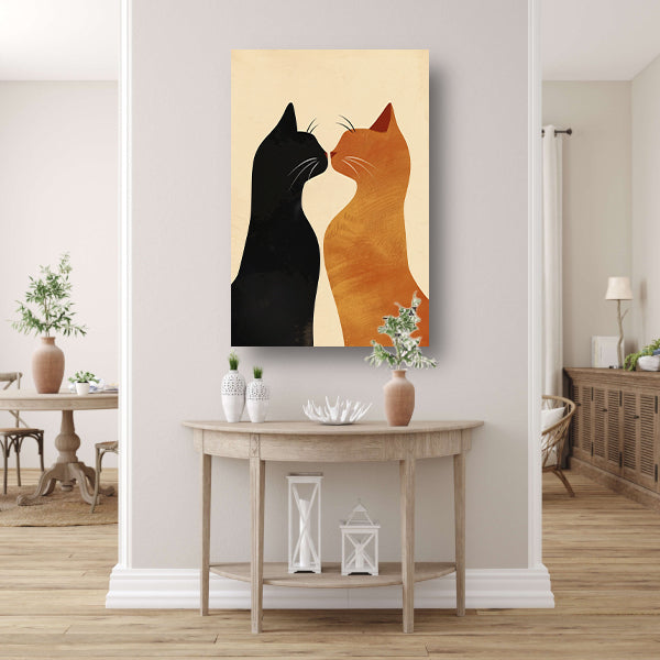Twee katten in liefdevolle pose met aardetinten canvas