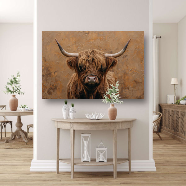 Rustieke Schotse Hooglander in Sepia Tinten canvas met baklijst