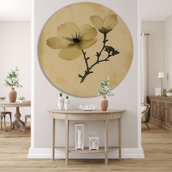 Elegante Bloemen in Sepia op Crème Achtergrond forex muurcirkel