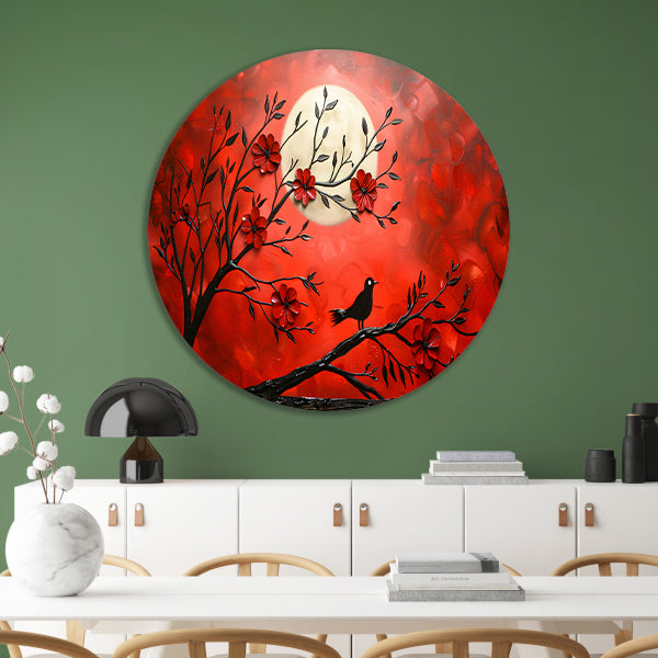 Abstracte vogel en bloemen op rode achtergrond forex muurcirkel