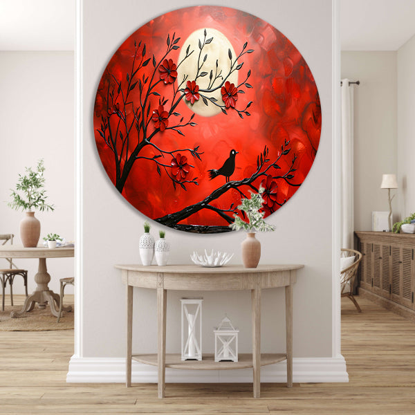 Abstracte vogel en bloemen op rode achtergrond forex muurcirkel